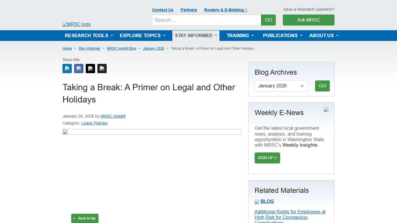 MRSC - Taking a Break: A Primer on Legal and Other Holidays